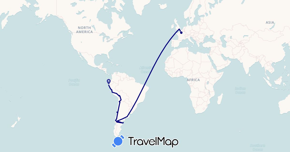 TravelMap itinerary: driving in Argentina, Bolivia, Chile, France, United Kingdom, Peru (Europe, South America)